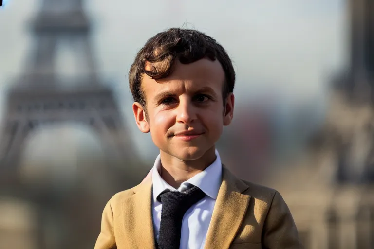 Image similar to closeup portrait of a tiny emmanuel macron dressed as napoleon standing on a desk, paris background, macro photo, bokeh, natural light, sharp, detailed face, magazine, press, steve mccurry, david lazar, canon, nikon, focus