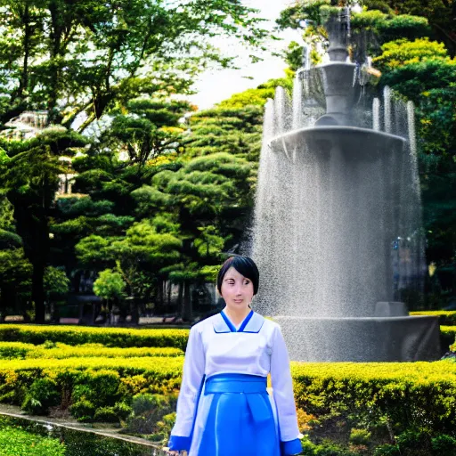 Prompt: a full body portrait of a young woman in Japanese maid uniform standing in front of a fountain in a park, 8k, cinematic, photo taken with Sony a7R camera, by William-Adolphe