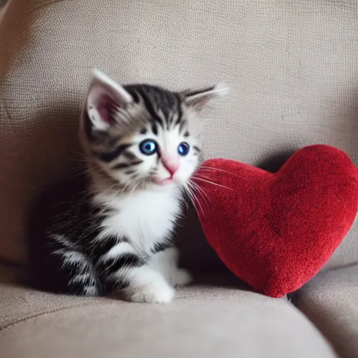 Image similar to A cute little kitten sits on the top of a plush heart-shaped pillow near fireplace, Canon EOS R3, f/1.4, ISO 200, 1/160s, 8K, RAW, unedited, symmetrical balance, in-frame