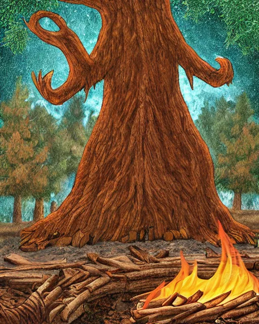 Image similar to a giant relaxed tree monster laying down in a firewood - fire, digital art, high detail