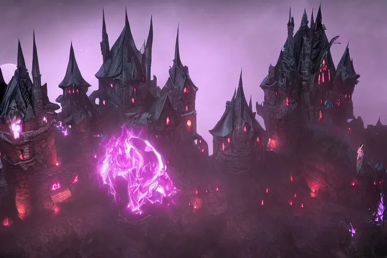 Image similar to big evil fairy castle - city rock dark shadow elves, might and magic heroes 7, dark fantasy, shadows, artstation trending, unreal engine 5, red