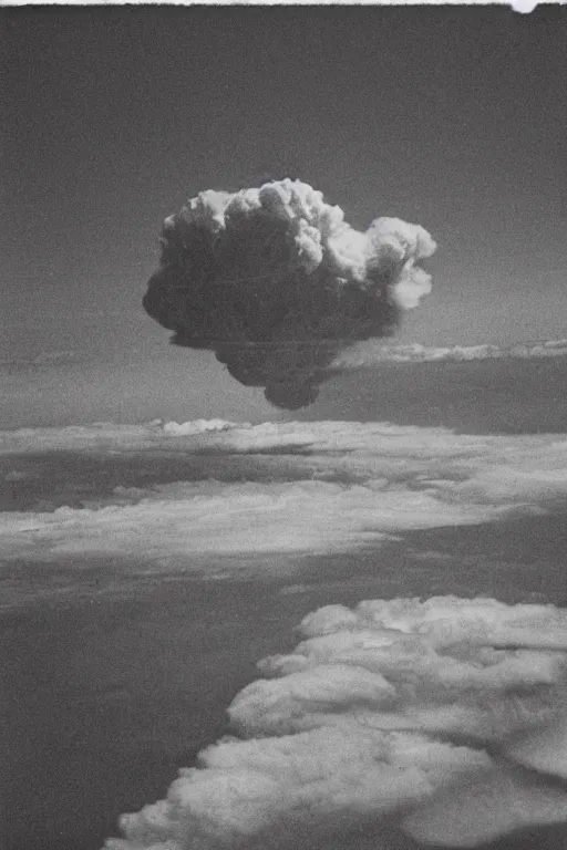 Prompt: weathered analog photograph of an atomic bomb explosion, seen from above, detailed clouds, warm azure tones, red color bleed, film grain