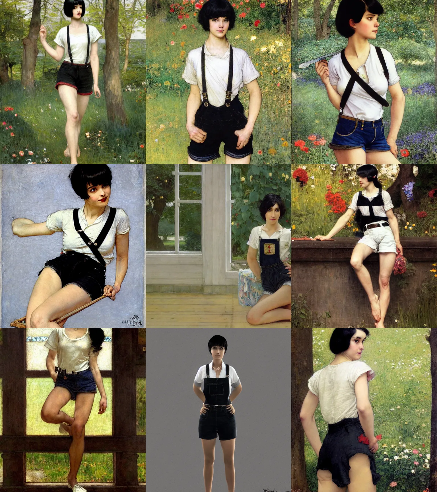 Prompt: a woman with black hair and long pixie haircut in shorts with suspenders and white t-shirt drawn by William Waterhouse, norman rockwell, frank frazetta, peter paul rubens, alphonse mucha, gustav klimt 4k, unreal 5, DAZ, french noveau, trending on artstation, octane render, hyperrealistic