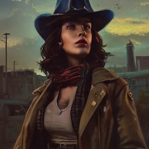 Prompt: fallout 5, charismatic beautiful, rugged, brunette female protagonist wearing a cowboy - hat, portrait, outdoors ruined cityscape, atmospheric lighting, painted, intricate, volumetric lighting, beautiful, spring, sharp focus, deep colours, ultra detailed, by leesha hannigan, ross tran, thierry doizon, kai carpenter, ignacio fernandez rios