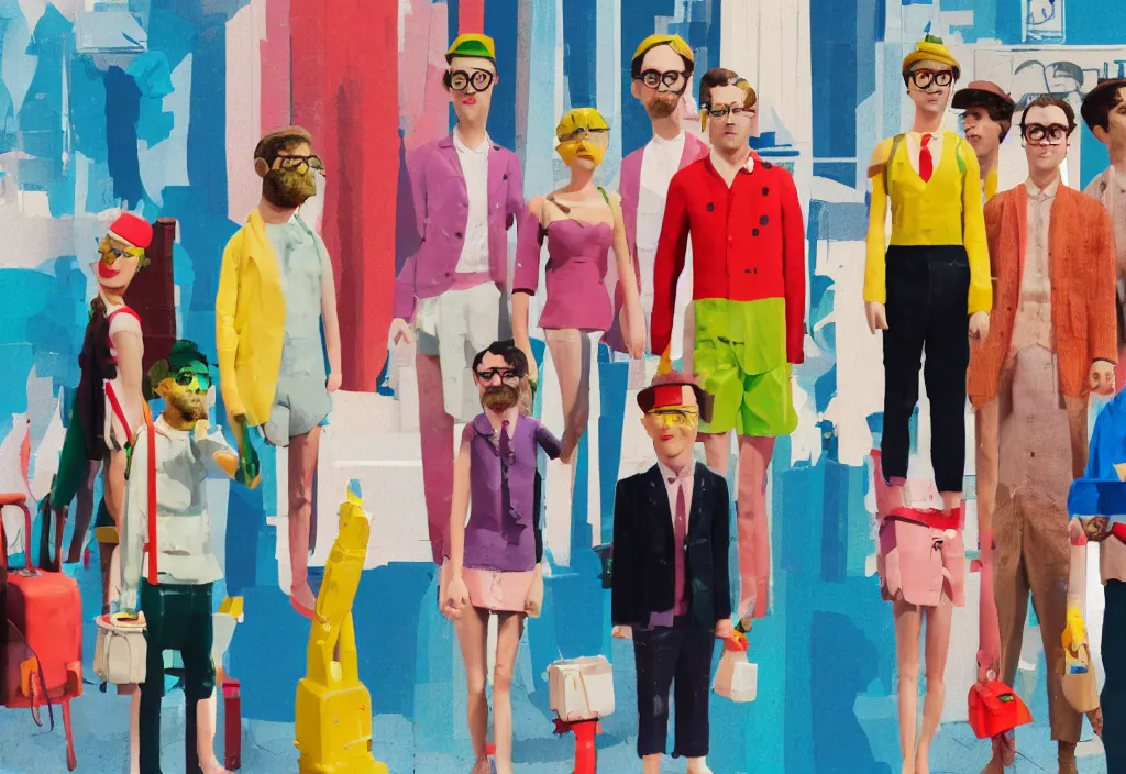 Prompt: a row of european tourists standing with a variety of poses and props, character designs, a collage painting, in the style of wes anderson, lola dupre, david hockney, isolated on negative white space background dark monochrome neon spraypaint accents volumetric octane render