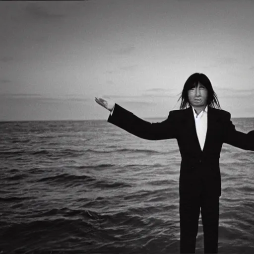 Image similar to japanese man with long hair in a suit standing in the ocean pointing!!!!!! at the camera, sunset, album cover, 1980, tatsuro yamashita