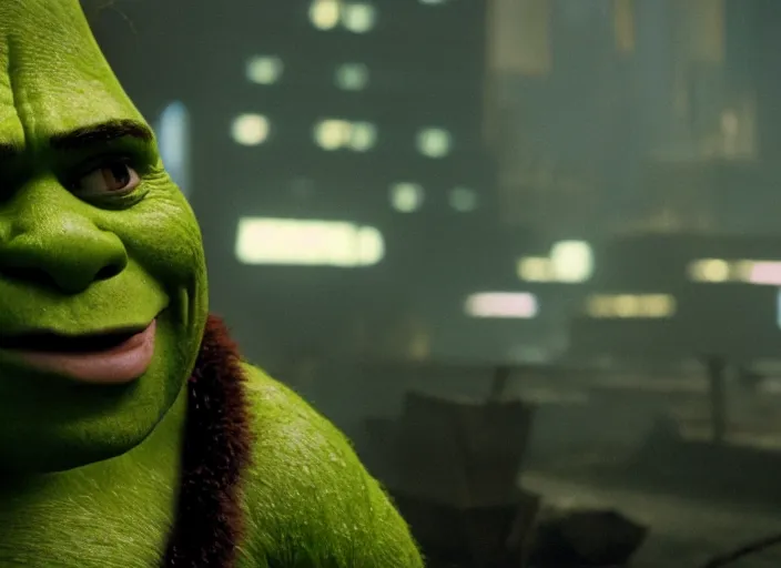 Image similar to film still shrek in blade runner, 8 k