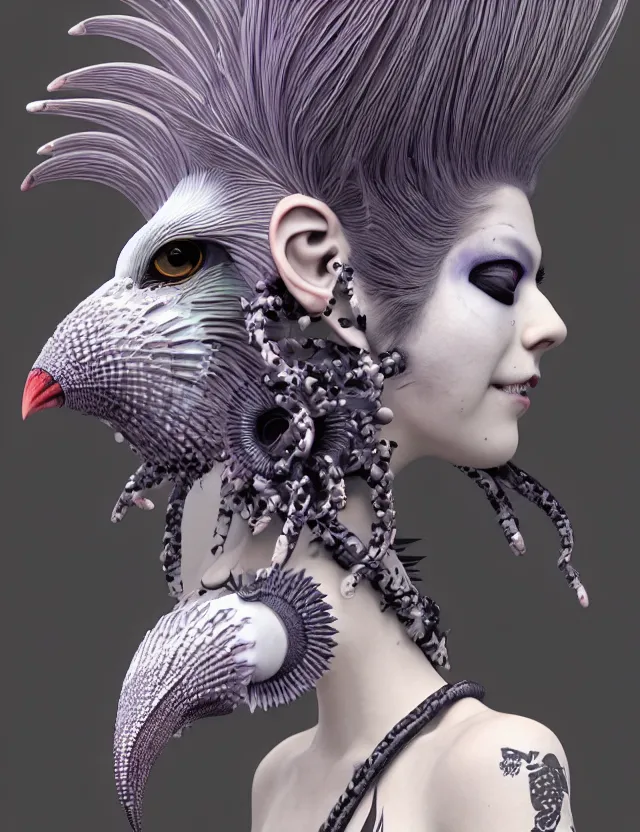 Image similar to 3 d goddess close - up profile simple portrait punk with mohawk with goat skull. beautiful intricately detailed japanese crow kitsune mask and clasical japanese kimono. betta fish, jellyfish phoenix, bio luminescent, plasma, ice, water, wind, creature, artwork by tooth wu and wlop and beeple and greg rutkowski