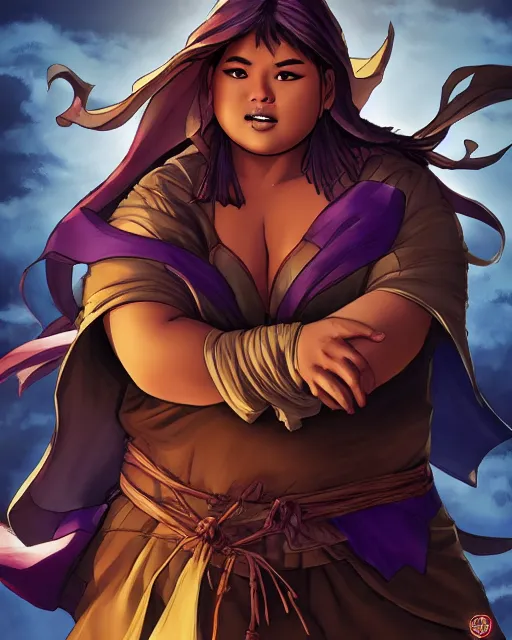 Prompt: thick chubby filipina dnd mage, casting spell, sly grin, intricate robe, exaggerated perspective, beautiful detailed face, action pose, anime style, dynamic shadows, dynamic lighting, geoff johns, jason fabok, jason fabok, brad anderson, splash art