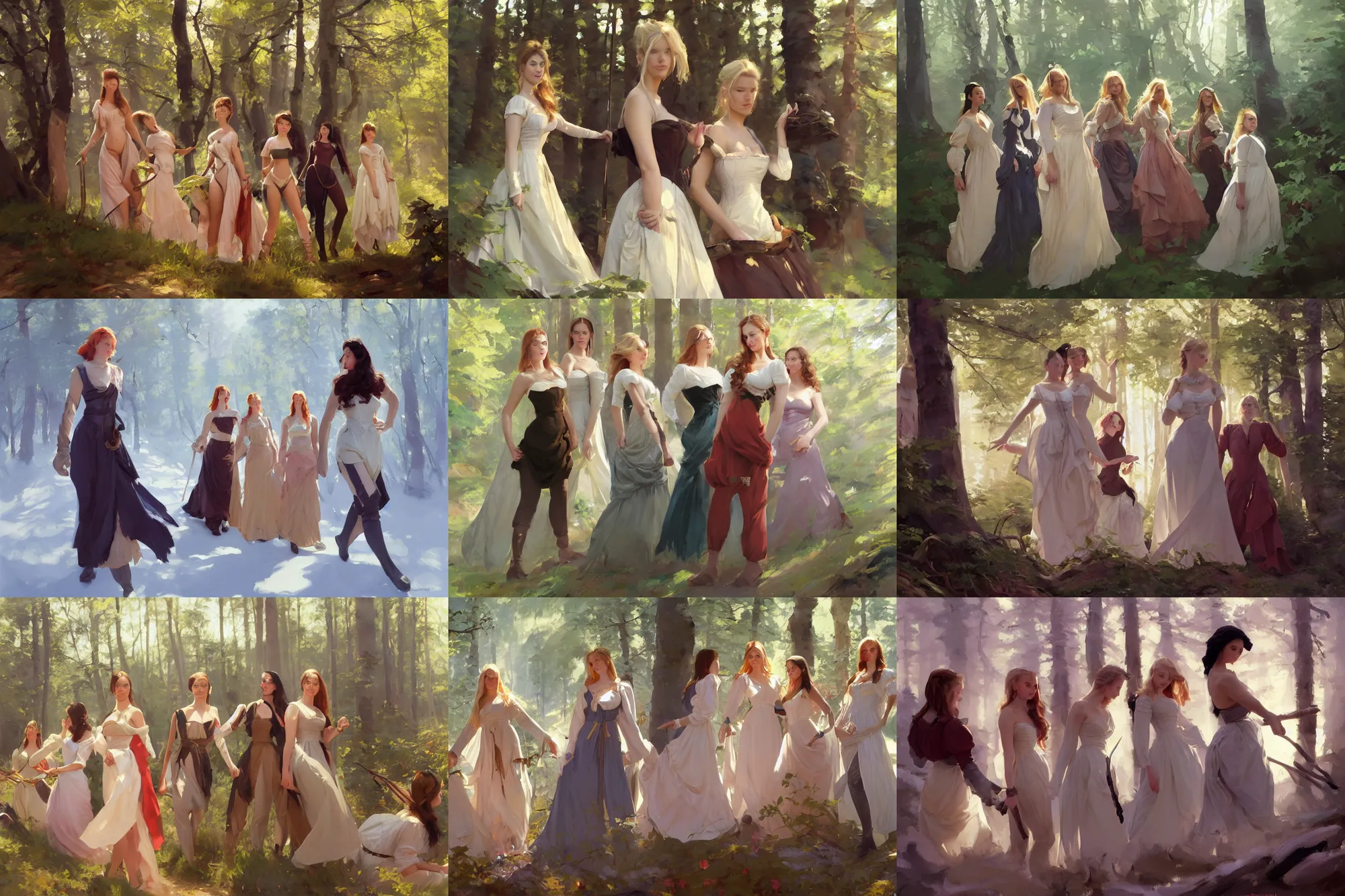 Prompt: five of beautiful finnish norwegian swedish scandinavian attractive glamour models wearing 1 7 th century bodice with low neckline walking in the woods in a sunny day, jodhpurs greg manchess painting by sargent and leyendecker, studio ghibli fantasy medium shot asymmetrical intricate elegant matte painting illustration hearthstone, by greg rutkowski by greg tocchini by james gilleard