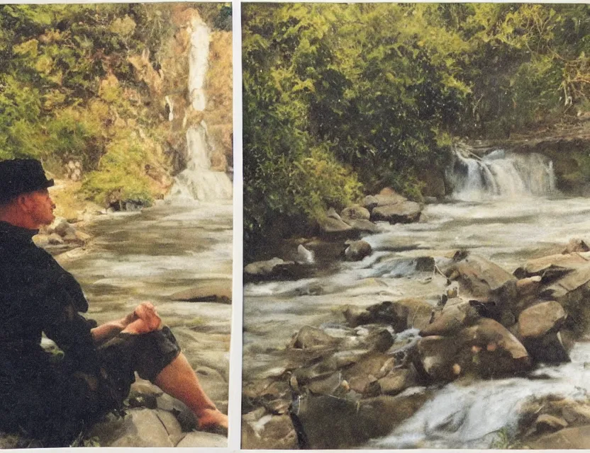 Image similar to by steve hanks, by serov valentin, by lisa yuskavage, by andrei tarkovsky, by terrence malick focused monk sits near waterfall, polaroid, vintage, soft lights, foggy, oil on canvas