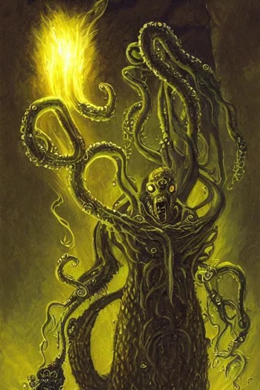 Image similar to Hastur drinking a can of Natural Light Beer, character art, concept art, painting by Gerald Brom, the king in yellow, eldrich tentacle monster
