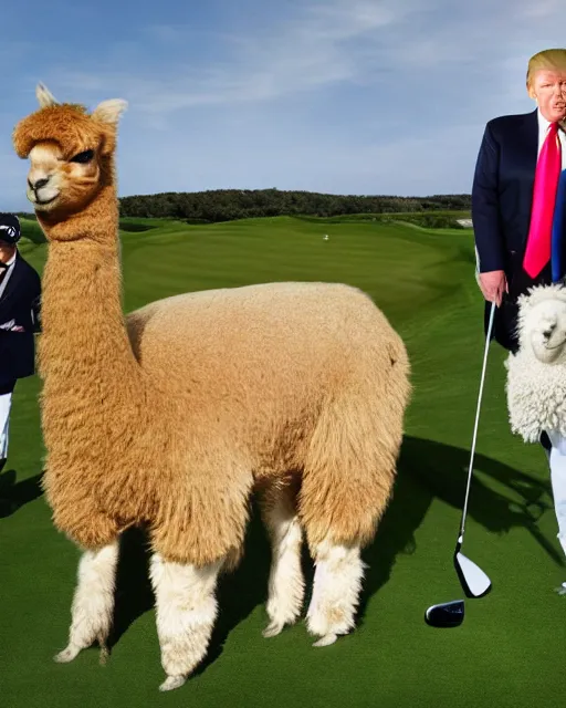 Image similar to wide shot of donald trump at one of his golf courses, with an alpaca caddy. photorealistic