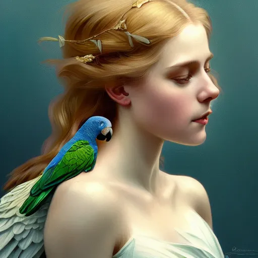 Prompt: portrait of a young blonde girl with a parrot, upper body, long hair, intricate, elegant, highly detailed, digital painting, artstation, concept art, matte, sharp focus, illustration, art by artgerm and greg rutkowski and alphonse mucha