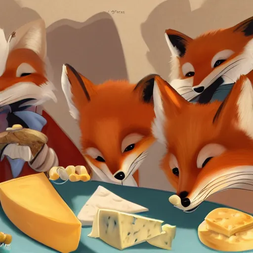 Prompt: foxes judging a cheese competition, furry, cute, disney style, artstation, detailed, award winning, dramatic lighting, cheese, fox, cheese competition, cheese contest, soft lighting, tv show