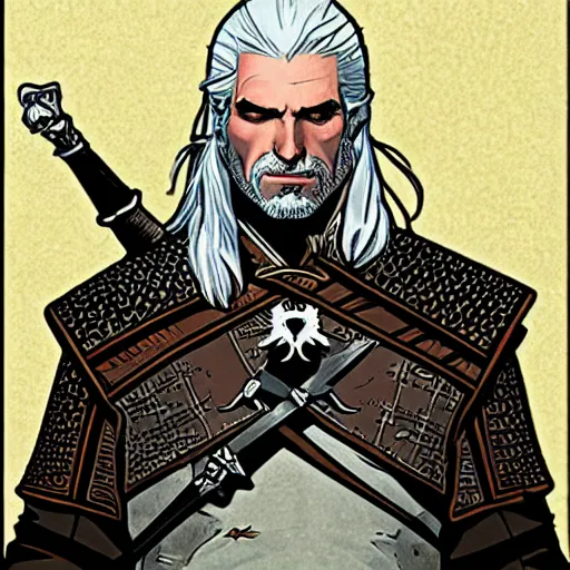 Prompt: Geralt form witcher by mucha