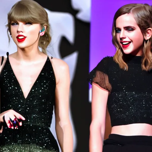 Prompt: stage photo of taylor swift and emma watson as one person,