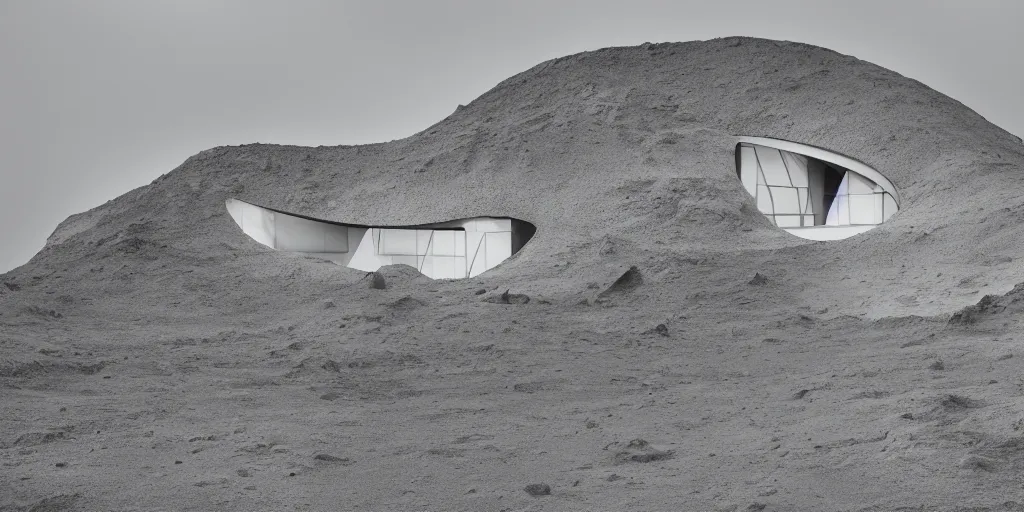 Image similar to cliff house on the edge of a moon crater designed by zaha hadid, photography