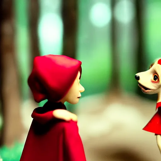 Image similar to a cinematic film still of a claymation stop motion film starring emma watson as little red riding hood, looking at big wild wolf, shallow depth of field, 8 0 mm, f 1. 8