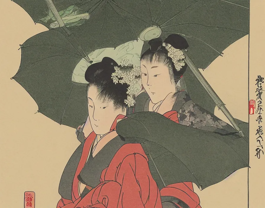 Image similar to A female Retzling with short blond air, standing with big Totoro at a japanese bus stop, holding an umbrella, in the dark forest, rainy night, Ukiyo-e, Katsushika Hokusai,