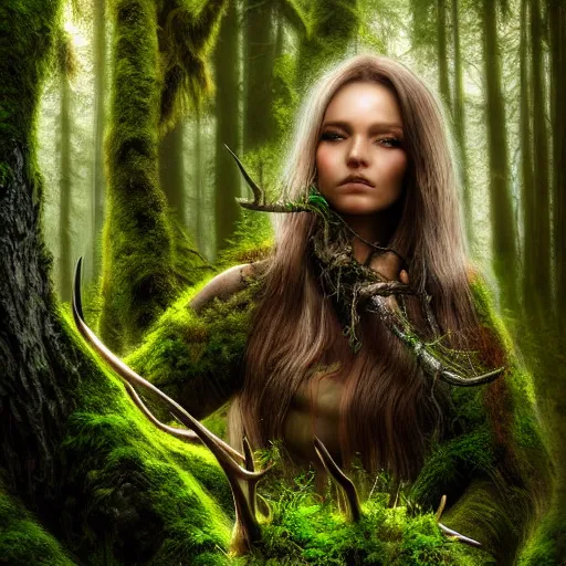 Image similar to a gorgeous wild woman that has deer antlers, deep forest background, matte oil painting, dnd art, fantasy, trees, terrain, moss, lichen, stunning, beautiful, feral, clear, crisp, sharp, award - winning, portrait, extremely detailed