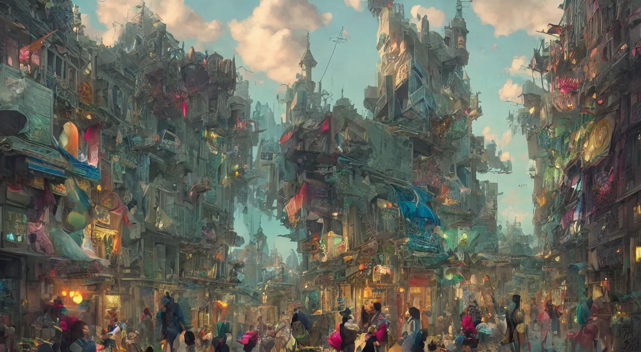 Image similar to bazaar zouk oriantal place mosquet multicolorful sky shine matte painting, street art, trending on artstation, by huang guangjian and gil elvgren and sachin teng