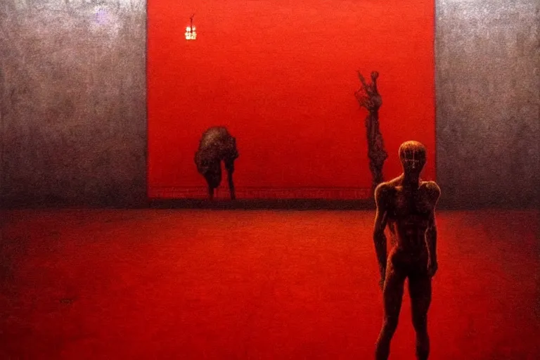 Image similar to only with red, caesar after war, a red tiger, in hoc signo vinces, rome in background, an ancient path, in the style of beksinski, part by hopper, part by rodcenko, part by hofbauer, intricate composition, red by caravaggio, insanely quality, highly detailed, masterpiece, red light, artstation