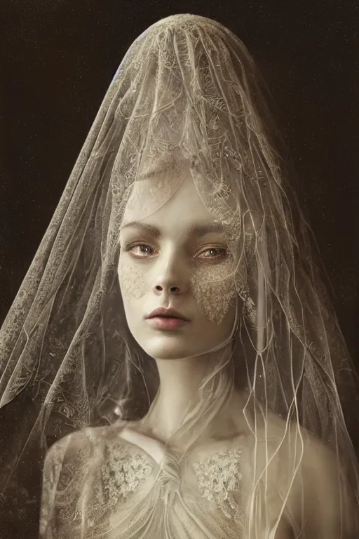 Image similar to a beautiful ultradetailed vintage photo of a veiled cyborg, by tom bagshaw and anna dittman, embroidered lace chapel veil, portrait, vignette, 3 5 mm lens, golden ratio composition, detailed face, studio photography, very detailed, humanoids, industrial robots, artstation, 8 k, highly coherent