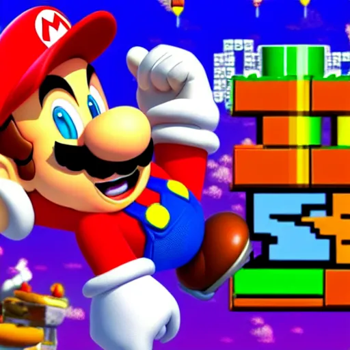 Image similar to supermario in sonic's greenhill zone doing a looping