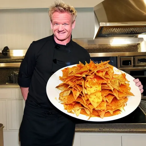 Prompt: < photo hd trending funny > gordon ramsey exudes joy from seeing an incredibly oversized plate of nachos < photo >