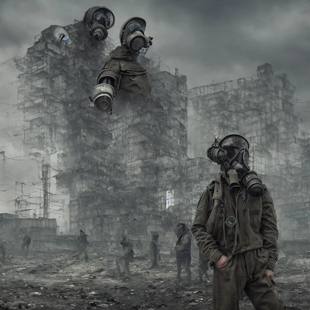 Image similar to high pollution, pripyat, chernobyl, people with gas masks, soviet brutalism, dieselpunk, industrial, futuristic, very detailed, diesel, 4 k