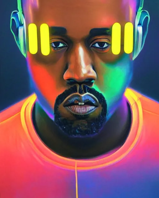 Image similar to kanye west as future coder man looking on, sleek cyclops display over eyes and sleek bright headphoneset, neon accent lights, holographic colors, desaturated headshot portrait digital painting by dean cornwall, rhads, john berkey, tom whalen, alex grey, alphonse mucha, donoto giancola, astronaut cyberpunk electric