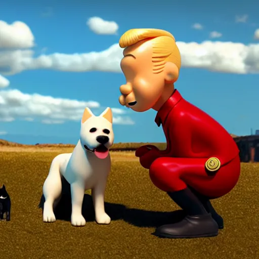 Prompt: tin tin and his white dog by herge, depicted as a pixar character, high quality cg render, 8 k