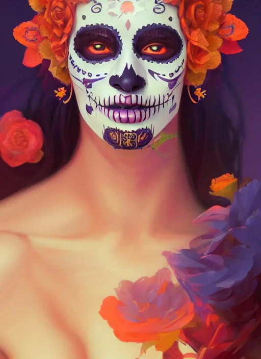 Image similar to portrait of dia de muertos, extremely detailed digital painting, in the style of fenghua zhong and ruan jia and jeremy lipking and peter mohrbacher, mystical colors, rim light, beautiful lighting, 8 k, stunning scene, raytracing, octane, trending on artstation