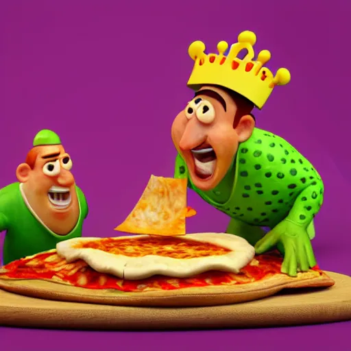 Prompt: cabbage characters with pizza peel, royal walruss king wearing a crown, cooking pizza in a wood fired oven, highly detailed 3 d render, funny, pixar