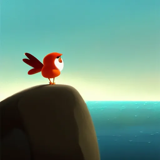 Image similar to goro fujita ilustration a cute little bird perched on a rock watching the ocean and the waves with their foam, the sky with fluffy clouds and makes a warm light, painting by goro fujita, sharp focus, highly detailed, artstation