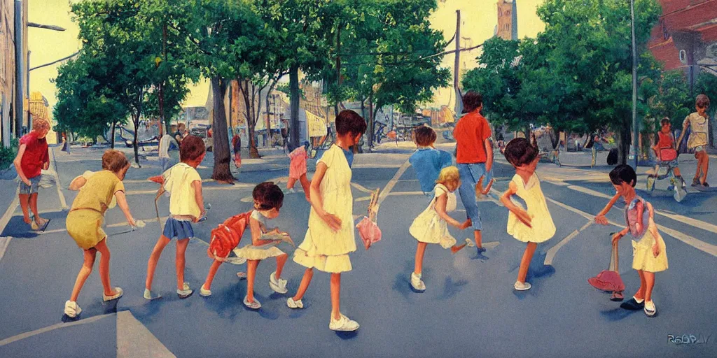 Prompt: kids in the street in summer, painting by robert vickrey