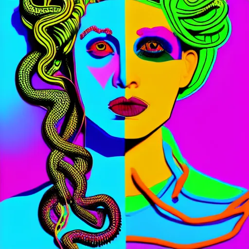 Prompt: an extremely psychedelic portrait of medusa as andy warhol, surreal, lsd, face, detailed, intricate, elegant, lithe, highly detailed, digital painting, artstation, concept art, smooth, sharp focus, illustration