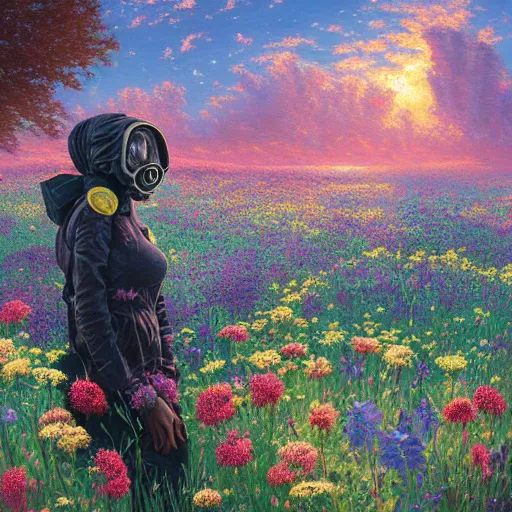 Prompt: a black girl wearing a gasmask in a field of flowers at sunset by android jones and thomas kinkade, oil on canvas, vivid colorscheme