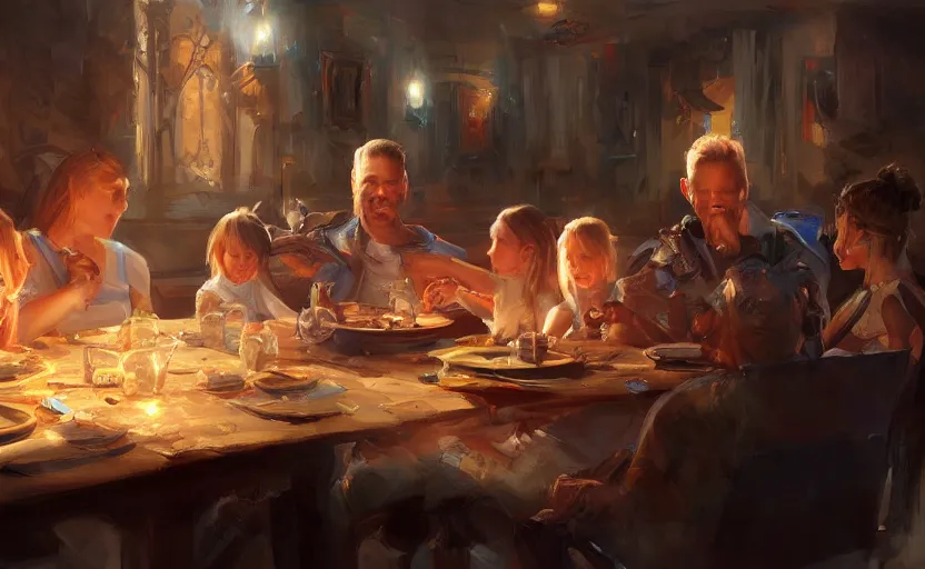 Image similar to high quality high detail painting by jaime jones, family dinner, trending on artstation, hd