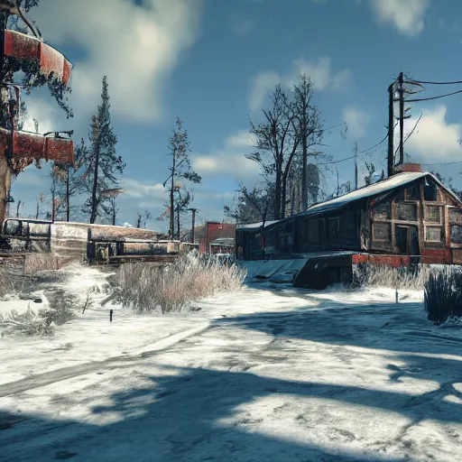 Image similar to Lapland in winter in ruins post-nuclear war in Fallout 4, in game screenshot