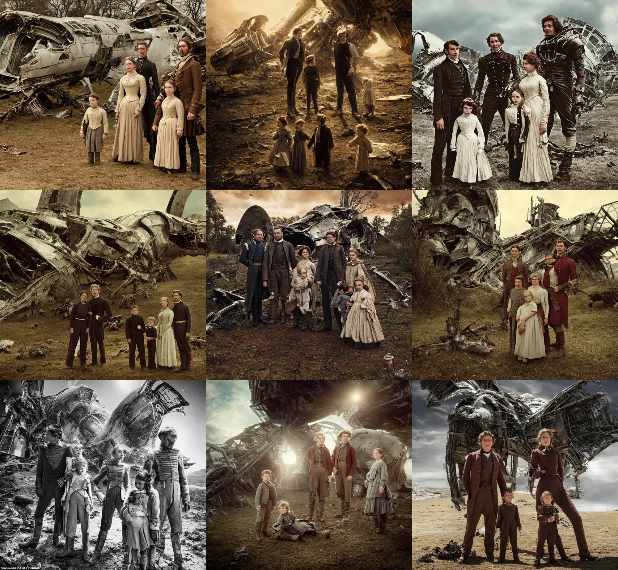 Prompt: extra sharp, detailed, a blockbuster sci fi 8 k color movie freeze frame, set in 1 8 6 0, family standing in front of a crashed spaceship, on alien planet, looking happy, wearing 1 8 5 0 s era clothes, atmospheric lighting, in focus, reflective eyes, 3 5 mm macro lens, live action, nice composition, good photography, clear facial details