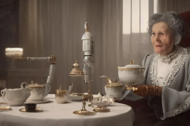 Image similar to VFX movie portrait of old woman served tea by a futuristic butler robot in a decadent living room by Emmanuel Lubezki