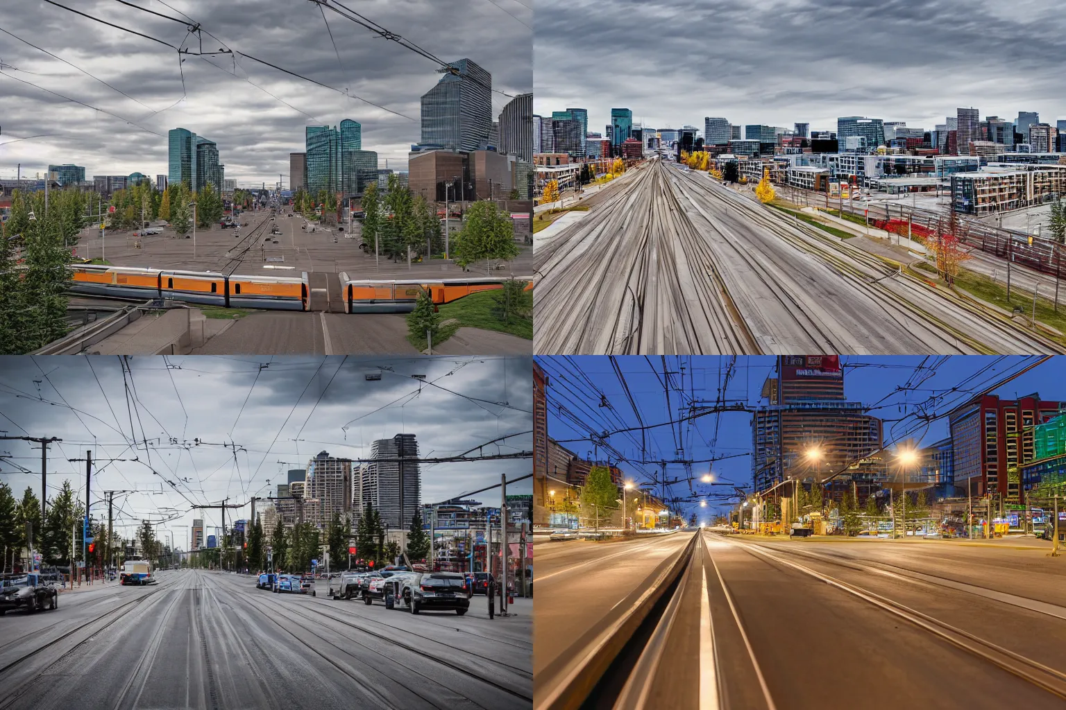 Prompt: first-person perspective photo of Edmonton Alberta inside view as a passenger of light rail transit, exterior is Edmonton city streets, humid evening, natural dynamic range color, 1/4th shutterspeed, sigma 24mm f8