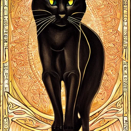 Image similar to beautiful, gorgeous art nouveau painting of a black egyptian cat, impressive, wonderful, very detailed, perfect anatomy, symmetrical, trending on artstation, masterpiece
