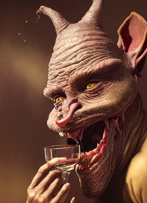 Prompt: highly detailed closeup portrait of a medieval goblin drinking wine, stephen bliss, unreal engine, greg rutkowski, ilya kuvshinov, ross draws, hyung tae and frank frazetta, tom bagshaw, tom whalen, nicoletta ceccoli, mark ryden, earl norem, global illumination, god rays, detailed and intricate environment