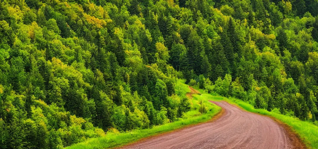 Prompt: The landscape of a green hilly forest somewhere in Germany, a country road is visible, through which a deer runs, ultra detailed