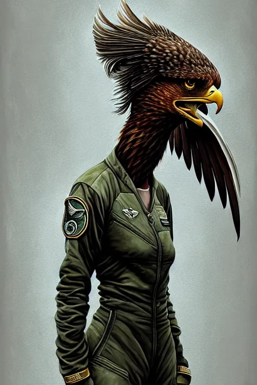 Image similar to epic professional digital art of female anthropomorphic eagle wearing air force jumpsuit, painting, by leesha hannigan, iris van herpen, artstation, cgsociety, wlop, epic, much wow, much detail, gorgeous, detailed, cinematic, masterpiece