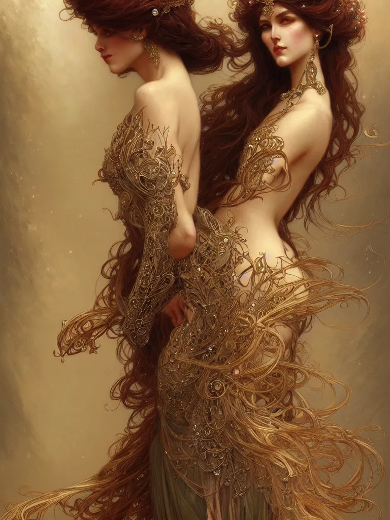 Image similar to a modestly clothed woman, tall, feminine, powerful, voluminous, intricate, elegant, highly detailed, digital painting, artstation, smooth, symmetrical, sharp focus, illustration, art by gaston bussiere and alphone mucha