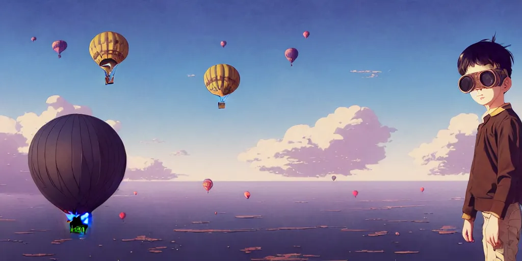 Prompt: 3 d portrait of a boy with an aviator helmet and goggles standing at the helm of a multidimensional steampunk hot air balloon by ilya kuvshinov, cloudy sky background lush landscape ln illustration concept art anime key visual trending pixiv by victo ngai fanbox by greg rutkowski makoto shinkai takashi takeuchi studio ghibli